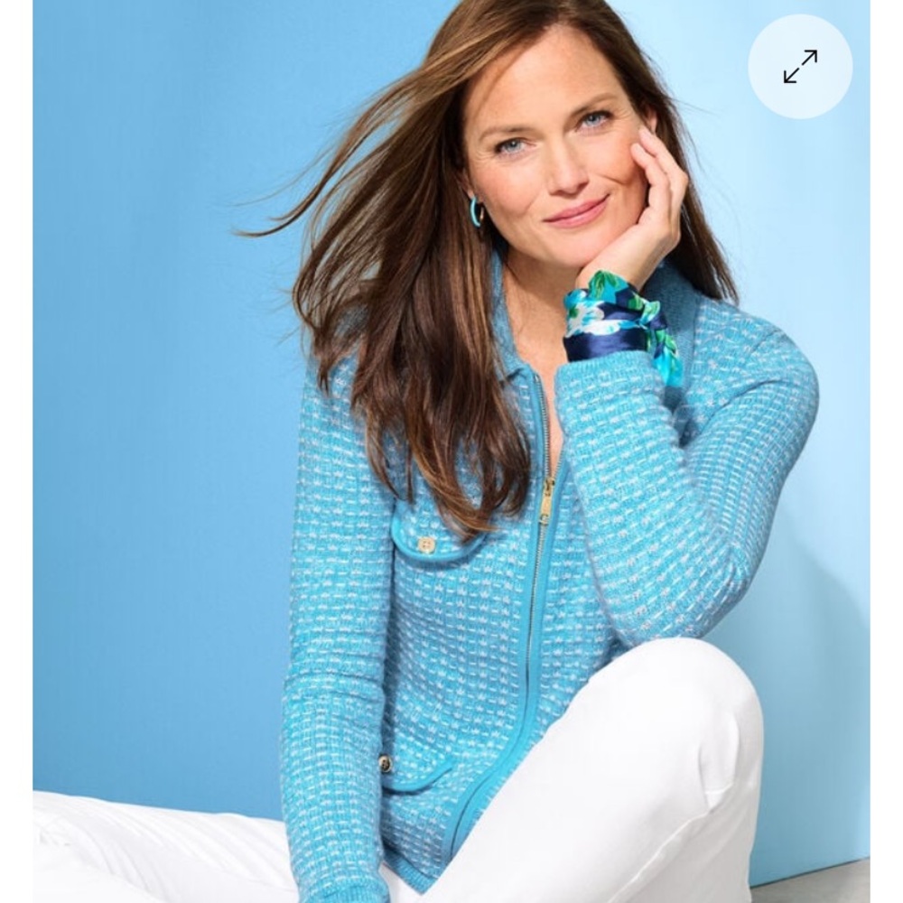 Talbots Collared Zippered Cardigan Light Blue dash striped Textured Blazer